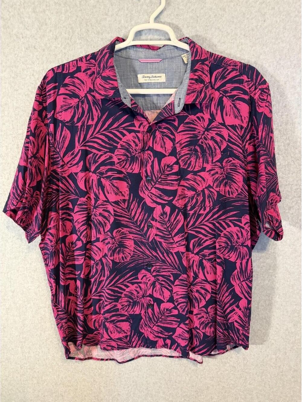 Tommy Bahama The Veracruz Cay Mens 2XL Large Pink Navy Tropical Palm Button Up